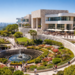 Getty Center in Los Angeles with modern travertine architecture, gardens, fountain, and visitors enjoying panoramic city views.