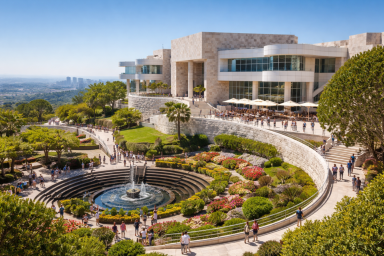 Getty Center in Los Angeles with modern travertine architecture, gardens, fountain, and visitors enjoying panoramic city views.