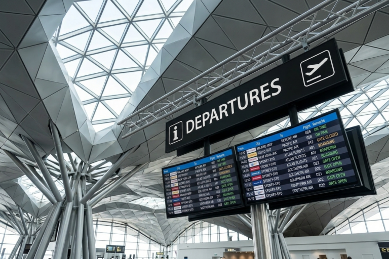 A low-angle photograph looking up at a large black digital departures sign in an airport terminal. The sign displays the word "DEPARTURES" in white next to an "i" icon and an airplane takeoff icon. Below it are smaller screens with flight information (Cid., To, Flight, Gate, Remarks) for destinations like MILANO, NEW YORK, and SYDNEY. The background shows a complex architectural ceiling structure with geometric metal and glass panels, supported by metal beam columns.