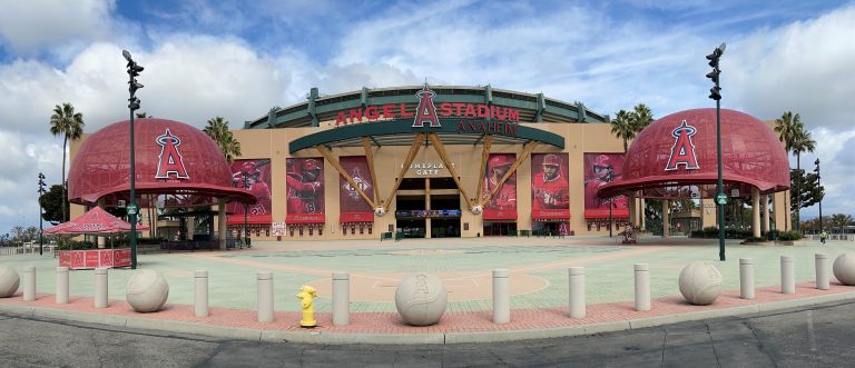Exterior of Angel Stadium Anaheim with large red helmet structures.