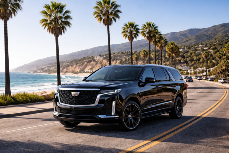 Black Cadillac Escalade driving along the Malibu coastline with ocean view and palm trees