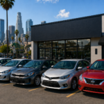 Popular cars parked in front of a rental car company in Los Angeles with city skyline and palm trees
