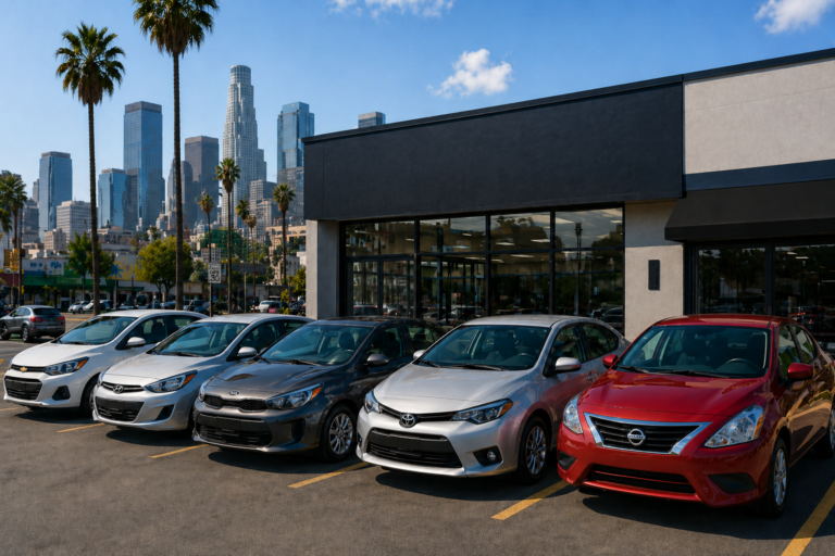 Popular cars parked in front of a rental car company in Los Angeles with city skyline and palm trees