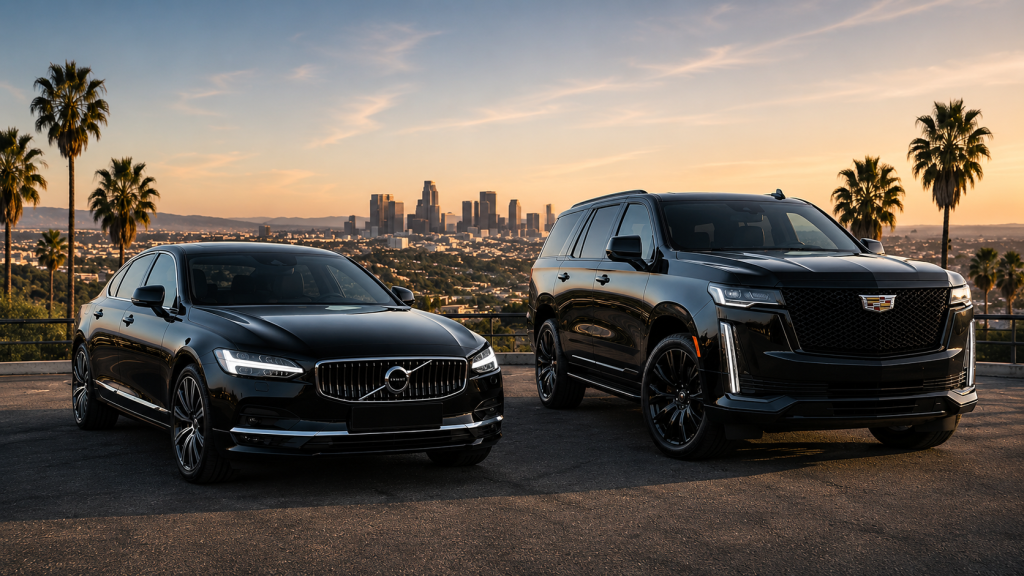Black Volvo sedan and Cadillac SUV with Los Angeles skyline at sunset.